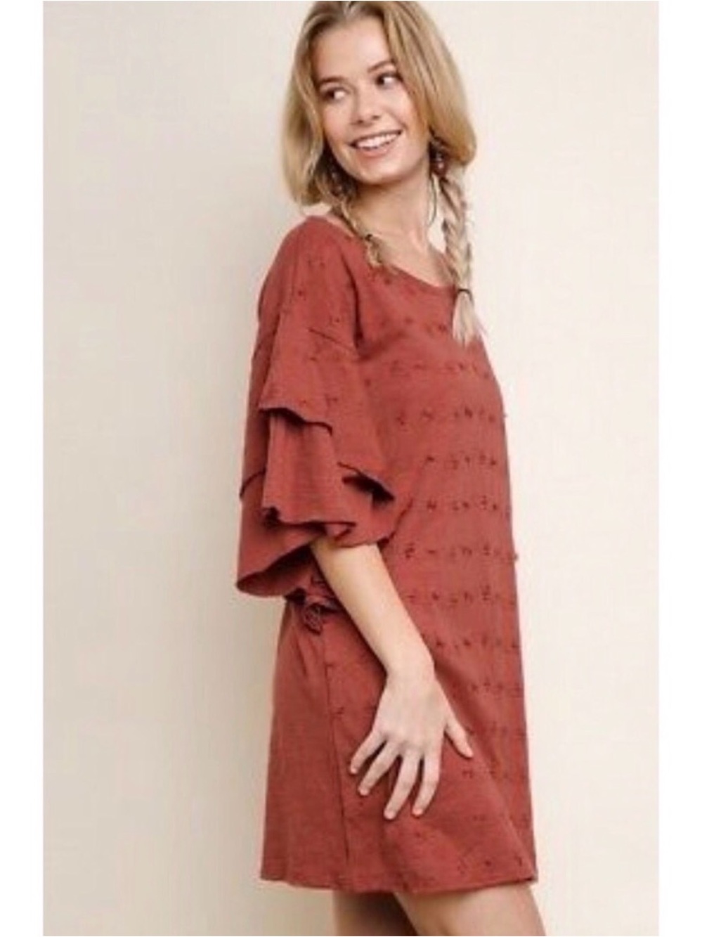 Umgee Rust Orange Layered Bell Sleeve Embroidered Shift Dress